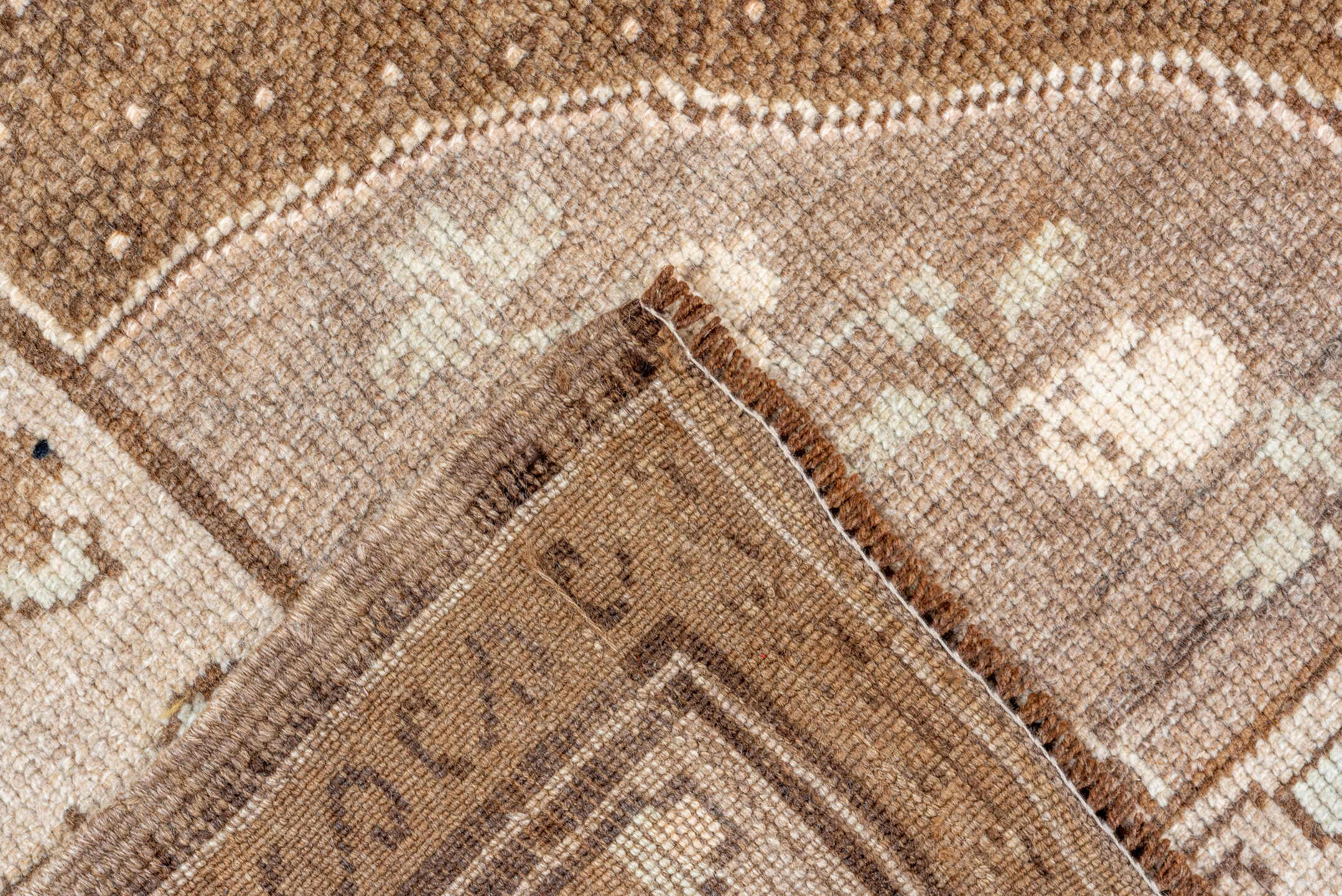 7' x 10' one-of-a-kind handmade vintage Kars large size rug. Color palette: brown, ivory, taupe, camel, beige, gray