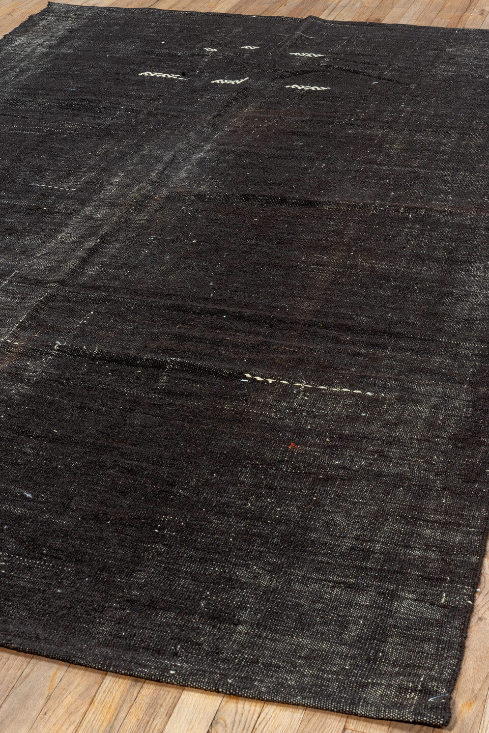 6' x 10' one-of-a-kind handmade vintage Kilim large size rug. Color palette: charcoal, slate, ivory, taupe, gray, black