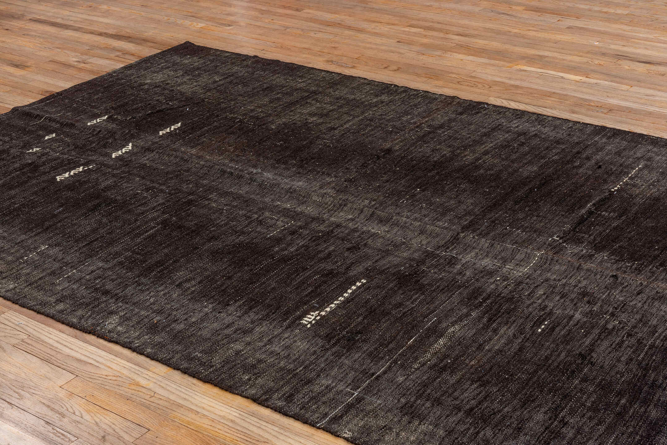 6' x 10' one-of-a-kind handmade vintage Kilim large size rug. Color palette: charcoal, slate, ivory, taupe, gray, black