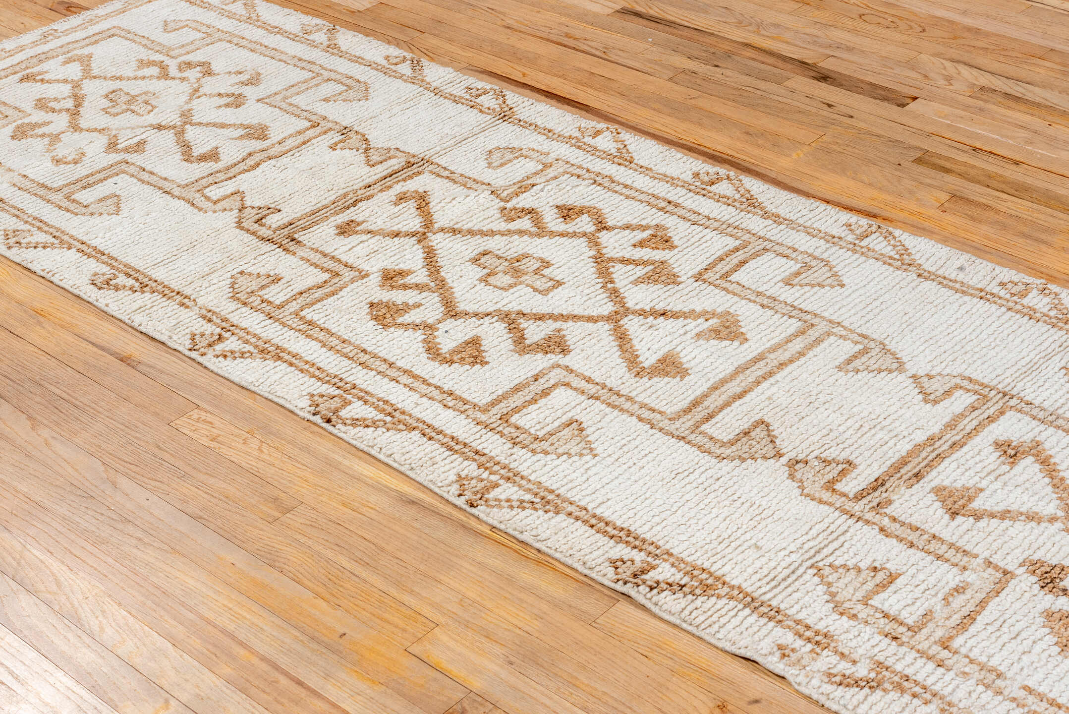 3' x 11' one-of-a-kind handmade vintage Oushak runner rug. Color palette: ivory, tan, camel, beige