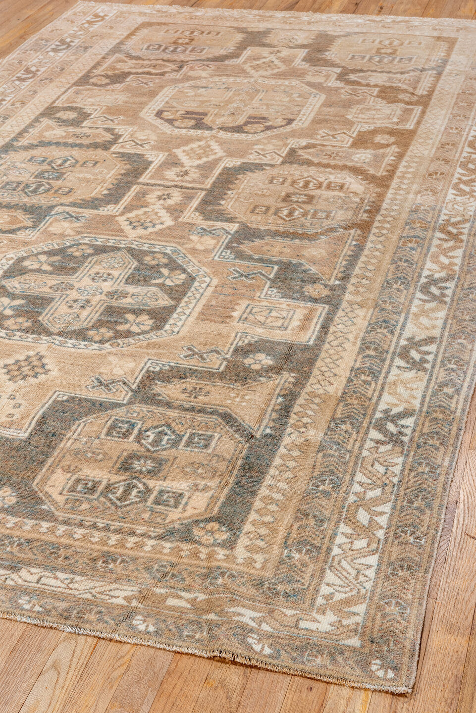 5' x 9' one-of-a-kind handmade vintage Oushak medium size rug. Color palette: camel, taupe, ivory, beige, slate, brown, gray