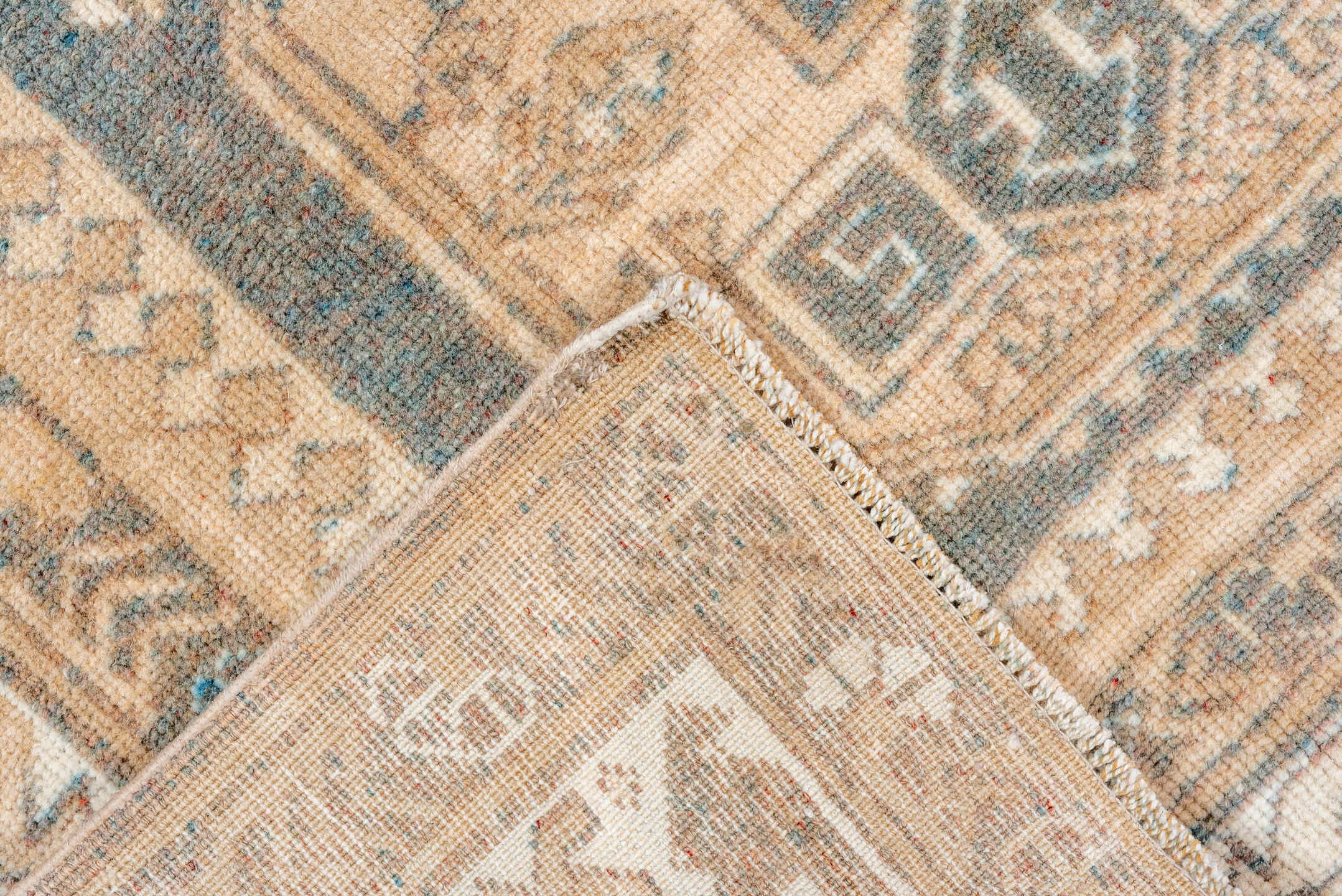 5' x 9' one-of-a-kind handmade vintage Oushak medium size rug. Color palette: camel, taupe, ivory, beige, slate, brown, gray