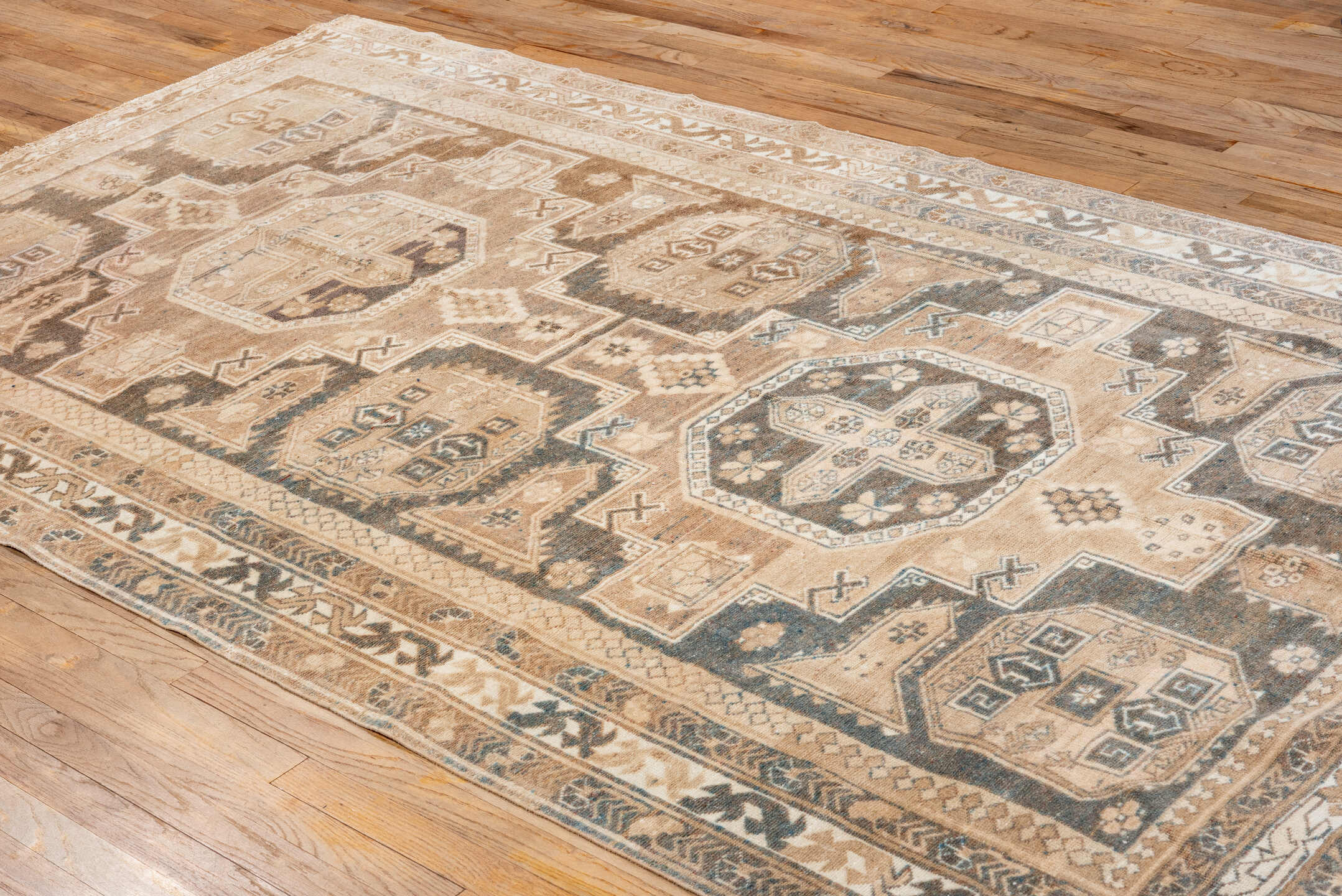 5' x 9' one-of-a-kind handmade vintage Oushak medium size rug. Color palette: camel, taupe, ivory, beige, slate, brown, gray