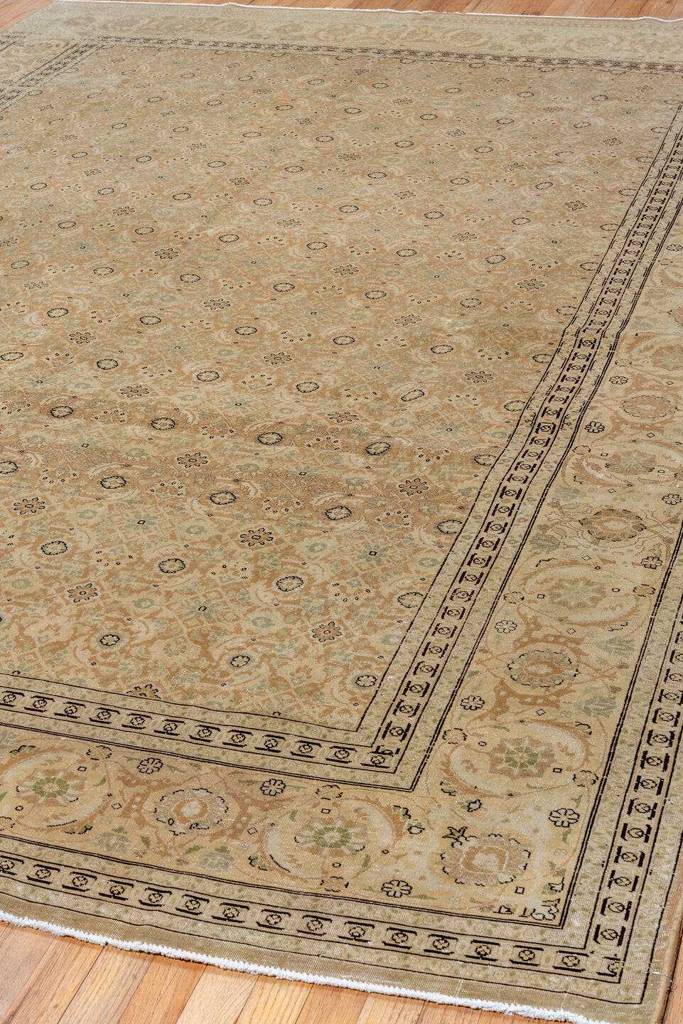 8' x 11' one-of-a-kind handmade vintage Tabriz large size rug. Color palette: beige, ivory, camel, taupe, sage, brown, gray