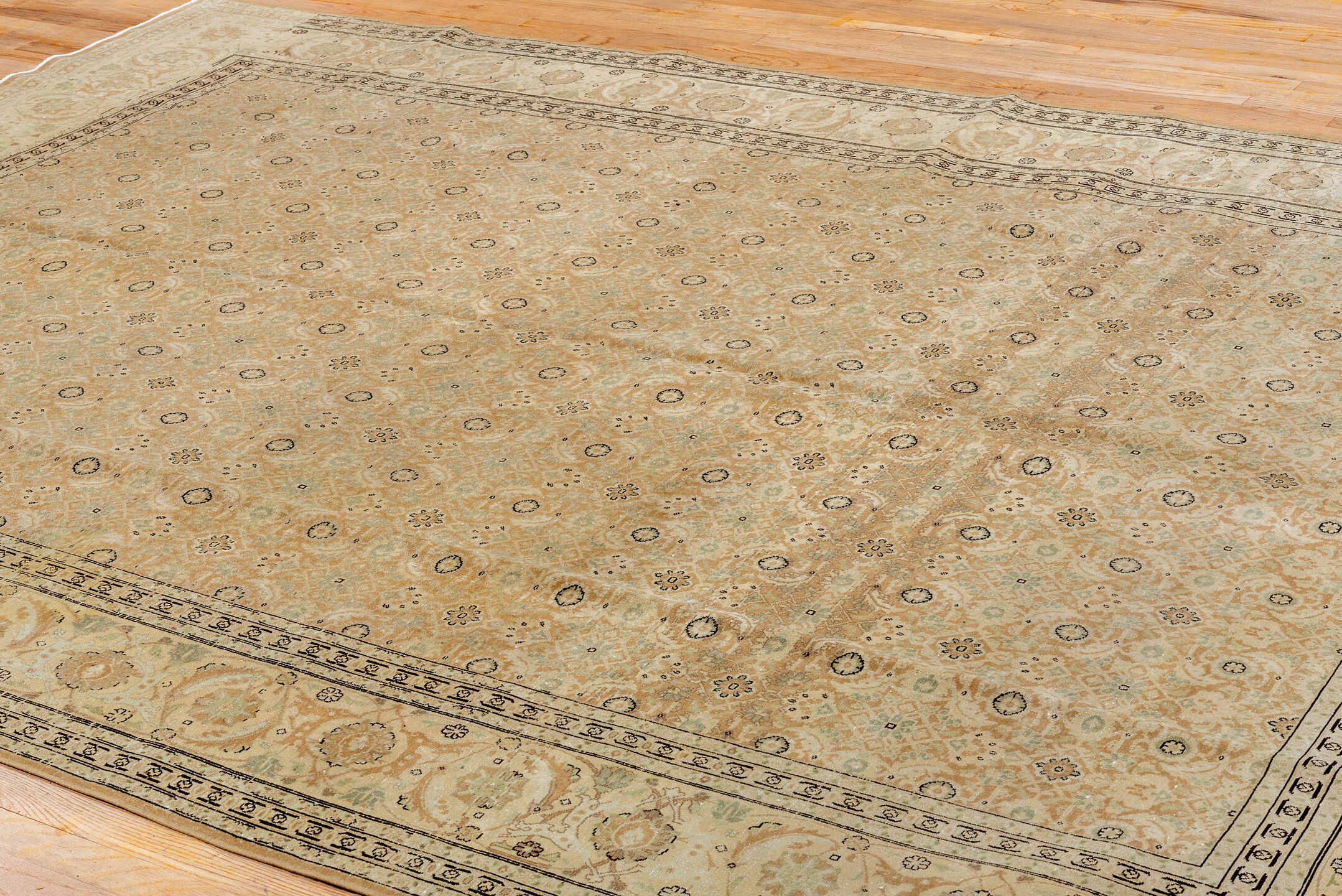 8' x 11' one-of-a-kind handmade vintage Tabriz large size rug. Color palette: beige, ivory, camel, taupe, sage, brown, gray