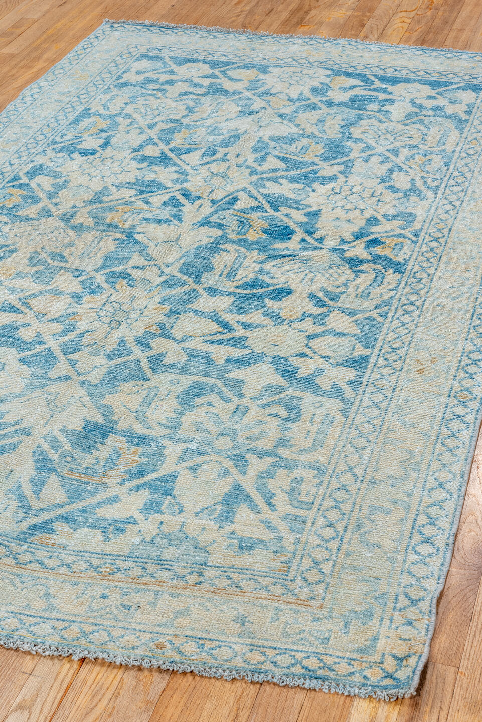 4' x 6' one-of-a-kind handmade vintage Malayer small size rug. Color palette: ivory, sky blue, pale blue, beige, camel