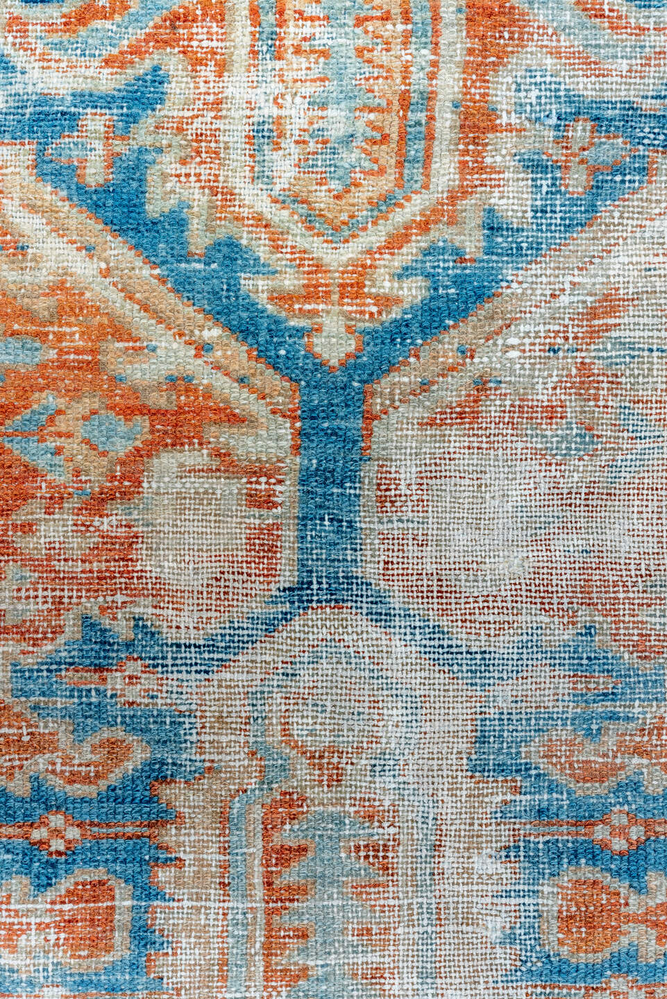 7' x 10' one-of-a-kind handmade vintage Heriz large size rug. Color palette: ivory, sky blue, rust, camel, terracotta