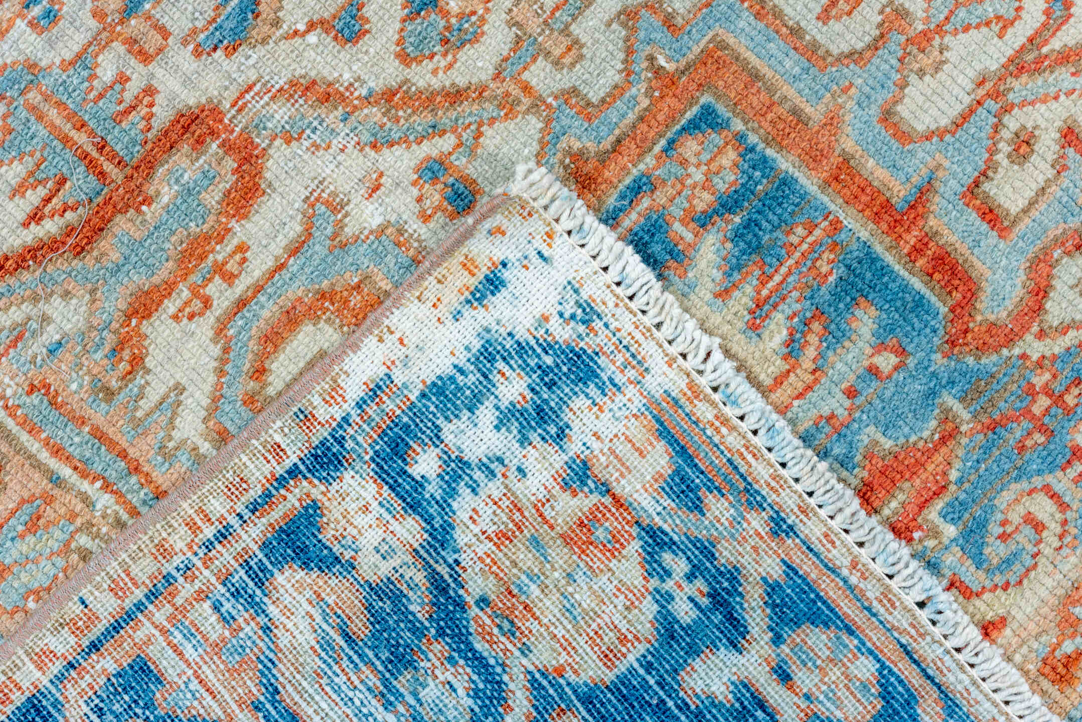 7' x 10' one-of-a-kind handmade vintage Heriz large size rug. Color palette: ivory, sky blue, rust, camel, terracotta