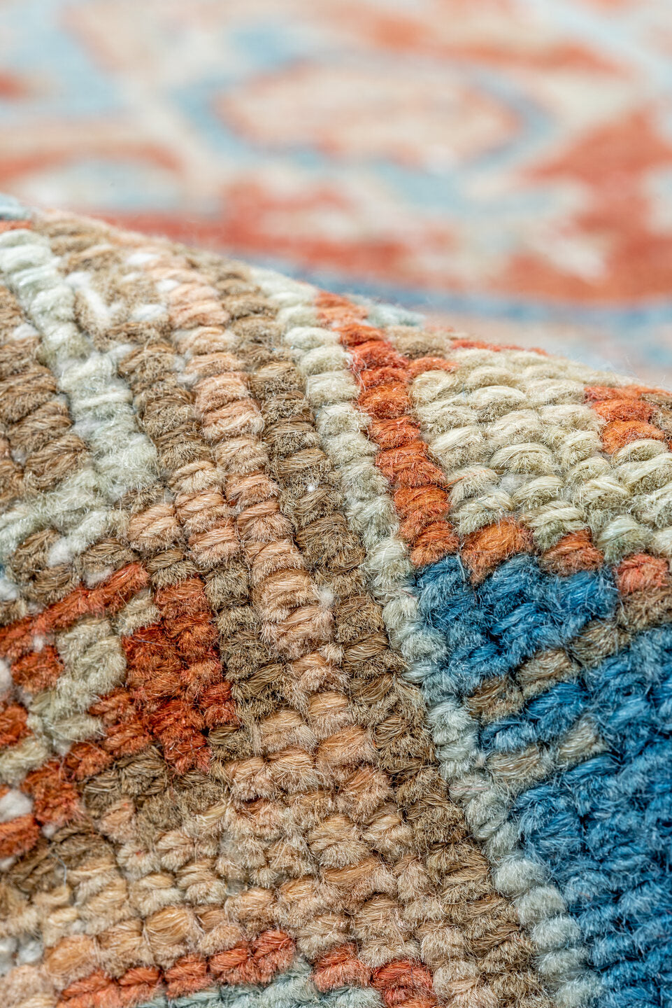 7' x 10' one-of-a-kind handmade vintage Heriz large size rug. Color palette: ivory, sky blue, rust, camel, terracotta