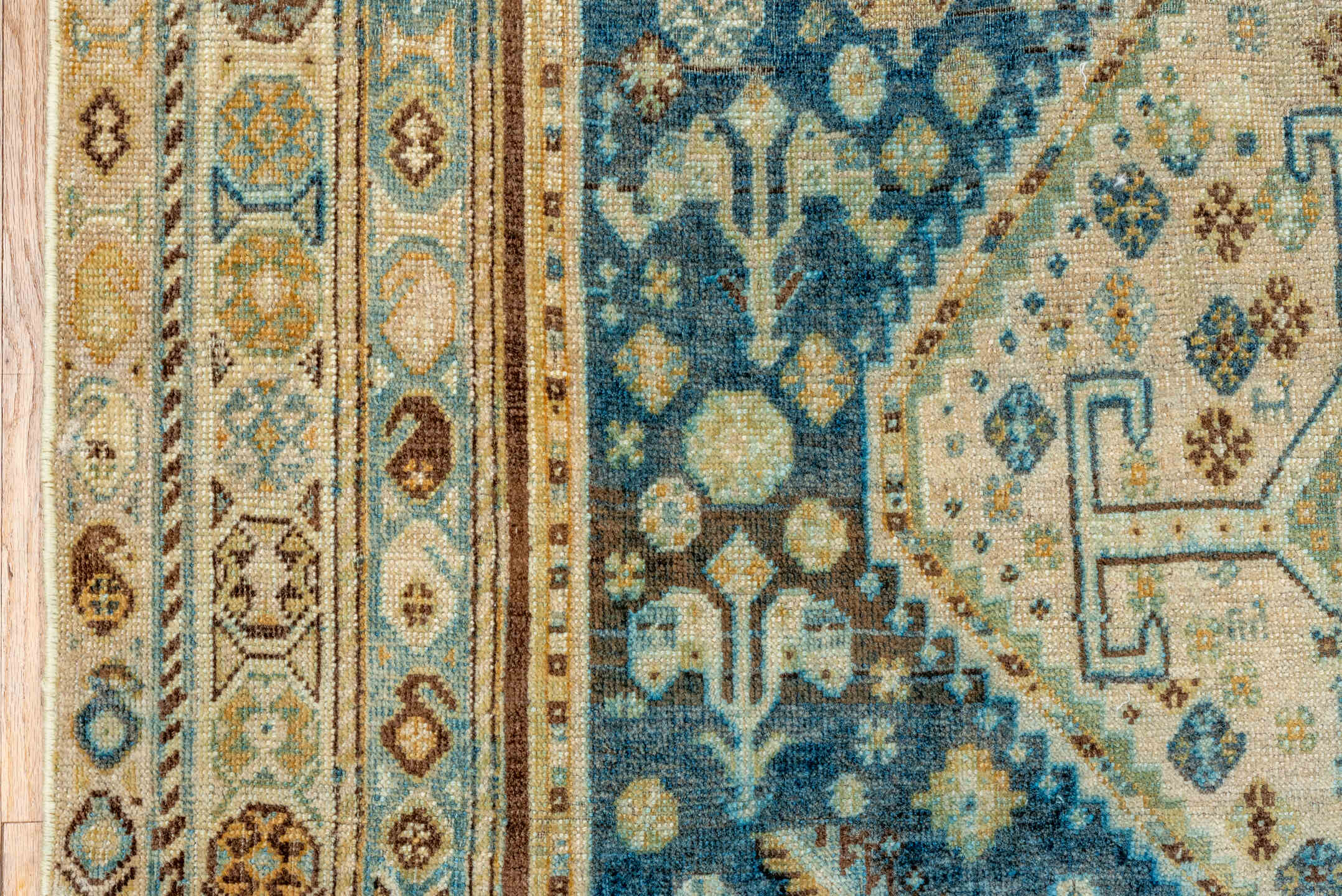 4' x 5' one-of-a-kind handmade vintage Shiraz small size rug. Color palette: blue, ivory, camel, brown, sky blue, taupe