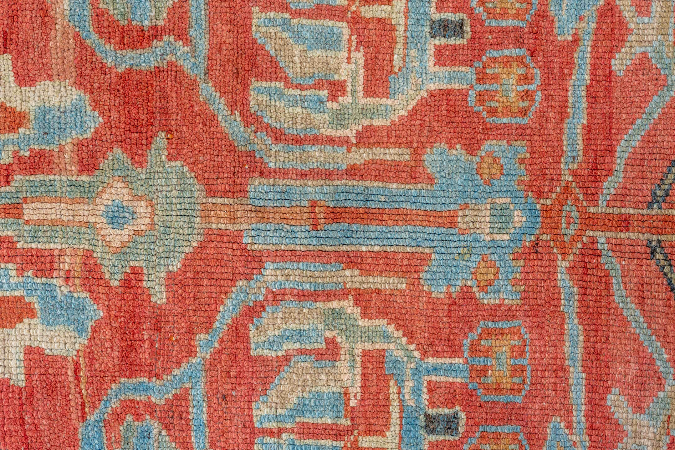 5' x 9' one-of-a-kind handmade vintage Lilian medium size rug. Color palette: coral, sky blue, ivory, taupe, rust, brown
