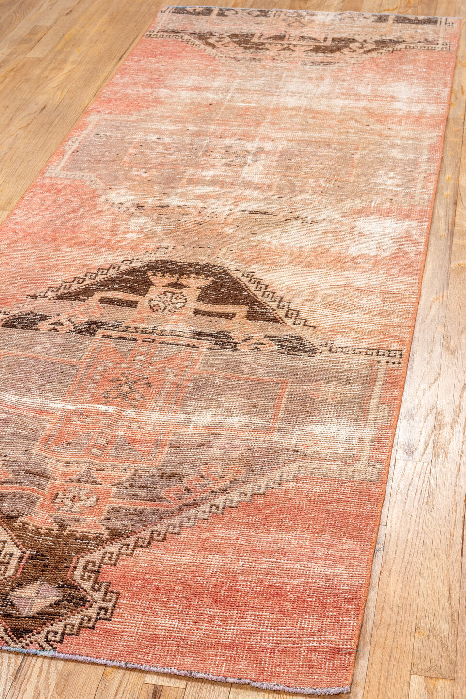 3' x 8' one-of-a-kind handmade vintage Oushak runner rug. Color palette: coral, taupe, brown, ivory, rose, charcoal