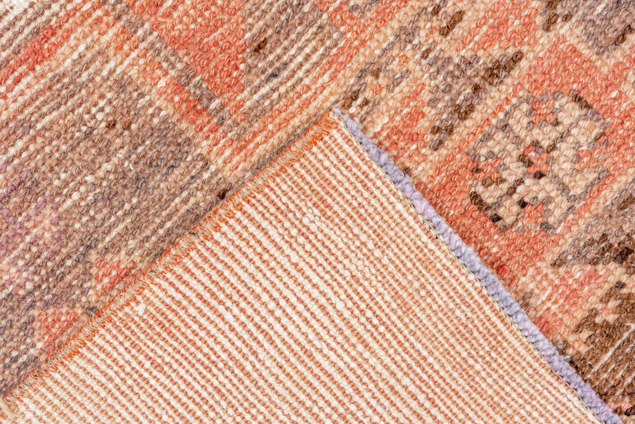 3' x 8' one-of-a-kind handmade vintage Oushak runner rug. Color palette: brown, off-white, orange, pink, red