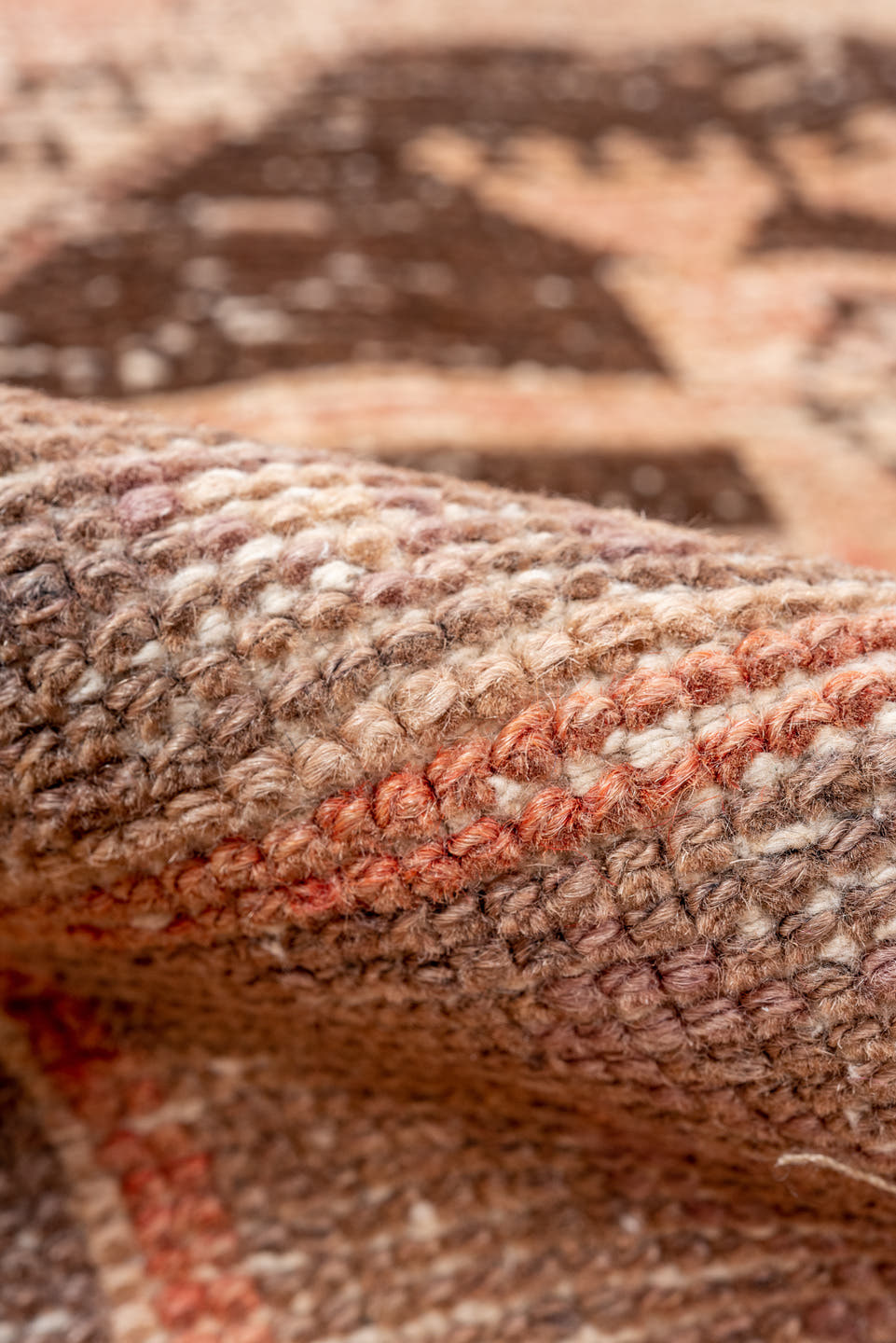 3' x 8' one-of-a-kind handmade vintage Oushak runner rug. Color palette: coral, taupe, brown, ivory, rose, charcoal