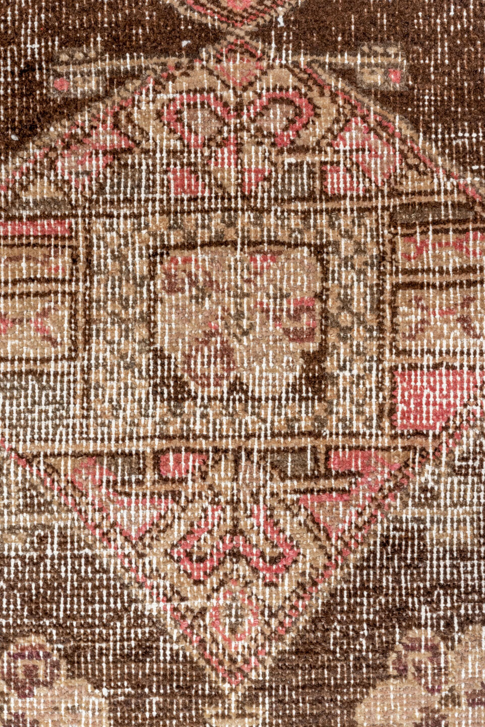 4' x 9' one-of-a-kind handmade vintage Oushak runner rug. Color palette: brown, taupe, ivory, rose, charcoal, beige, gray