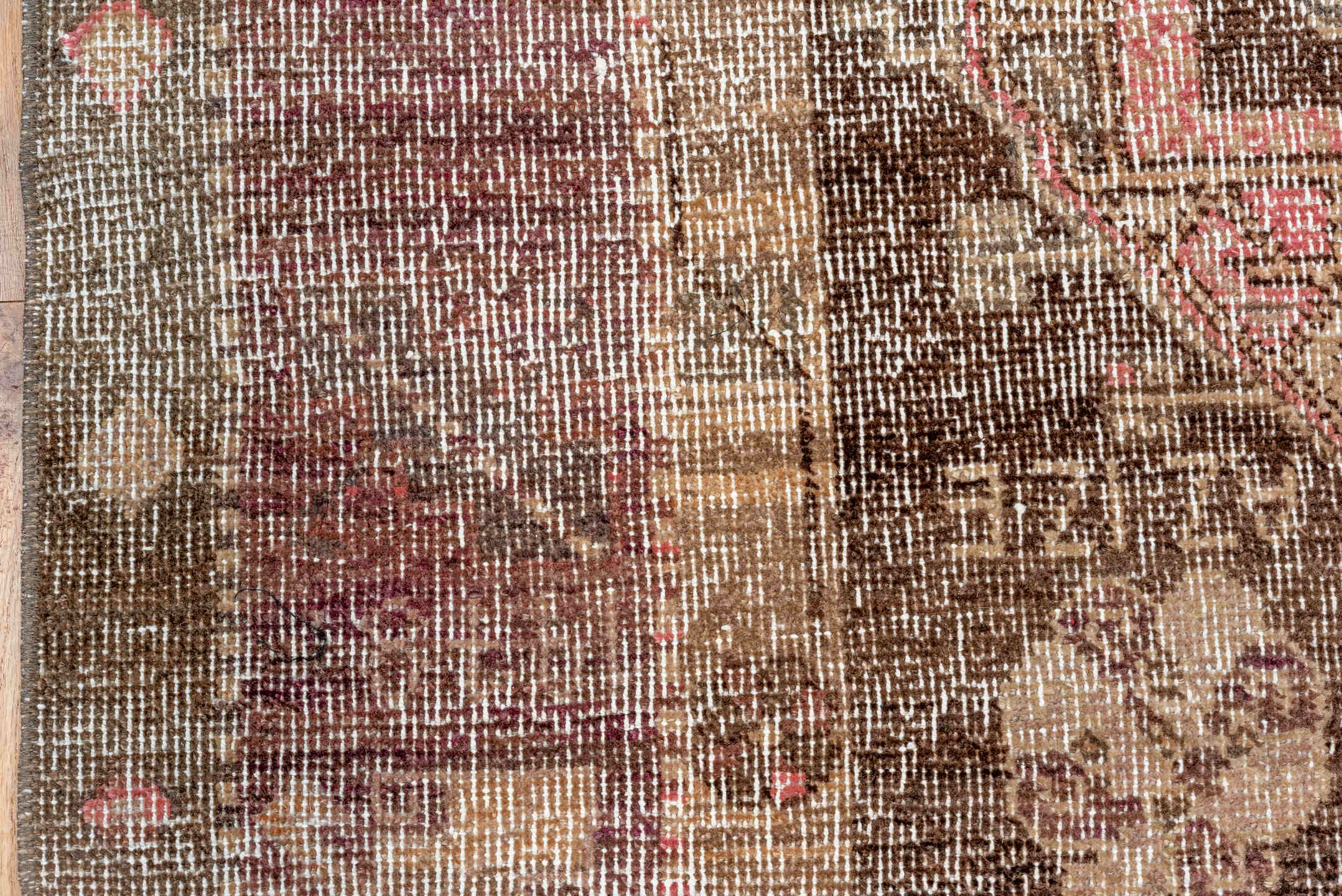 4' x 9' one-of-a-kind handmade vintage Oushak runner rug. Color palette: brown, taupe, ivory, rose, charcoal, beige, gray