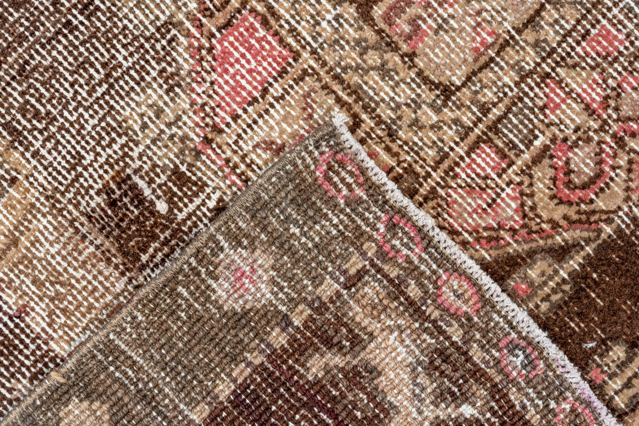 4' x 9' one-of-a-kind handmade vintage Oushak runner rug. Color palette: brown, taupe, ivory, rose, charcoal, beige, gray