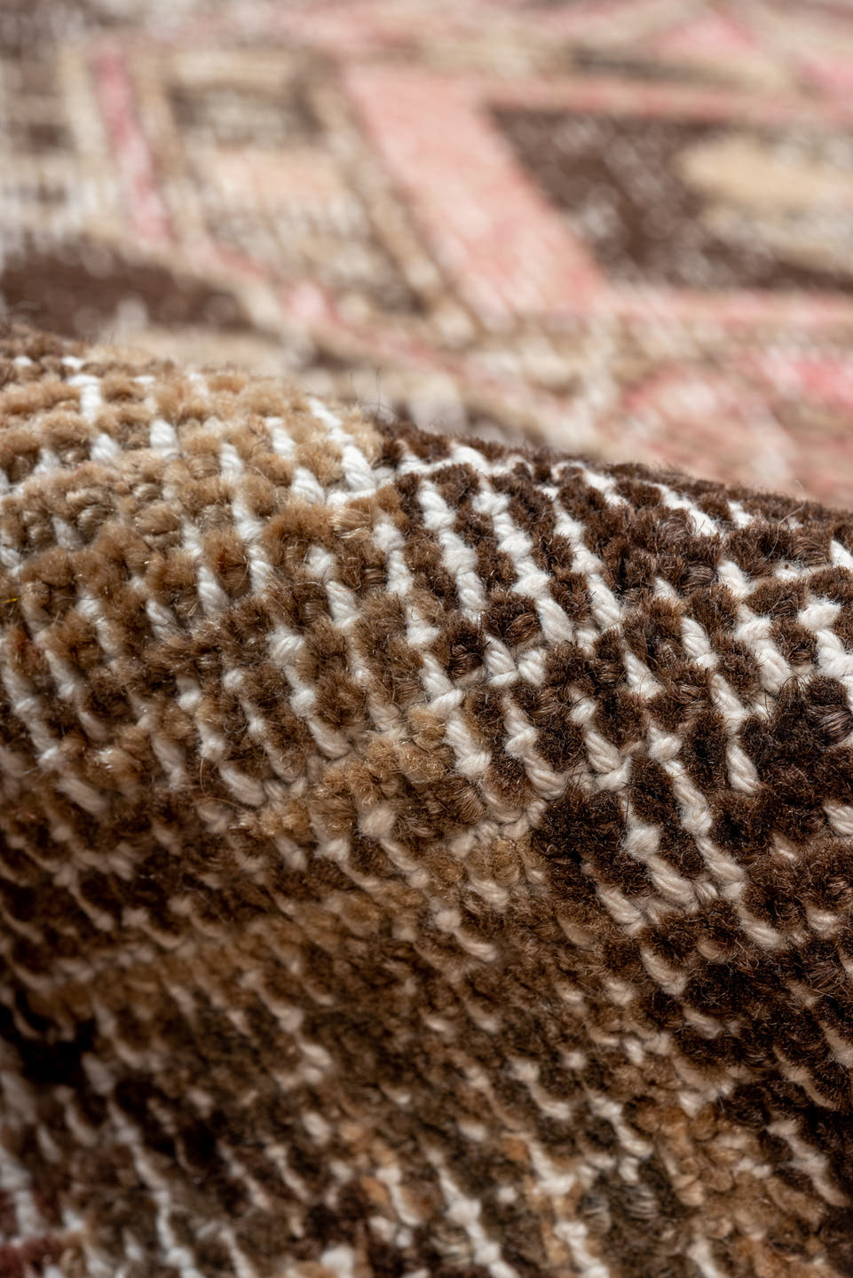 4' x 9' one-of-a-kind handmade vintage Oushak runner rug. Color palette: brown, taupe, ivory, rose, charcoal, beige, gray