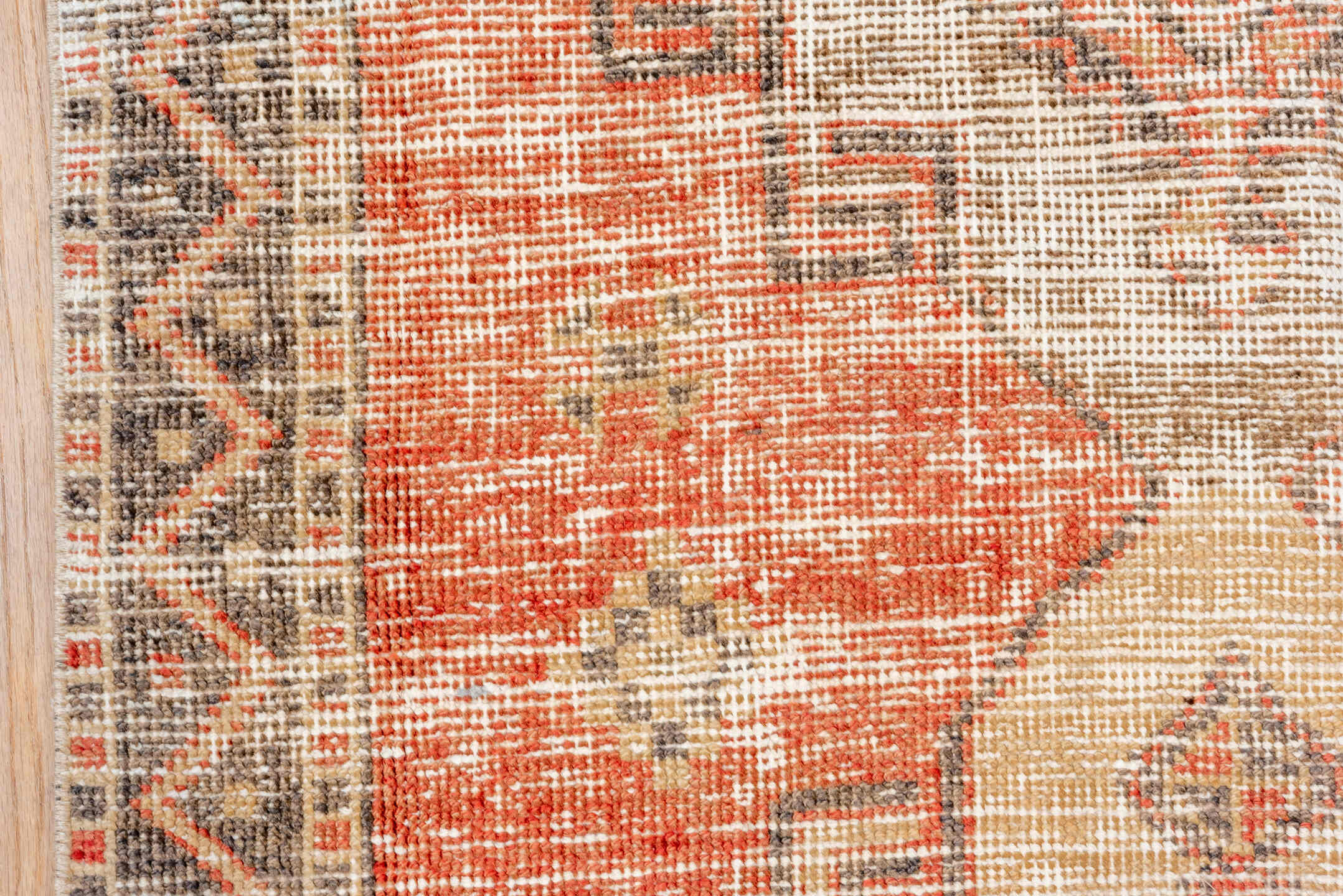 3' x 11' one-of-a-kind handmade vintage Oushak runner rug. Color palette: brown, gray, off-white, orange, pink, red