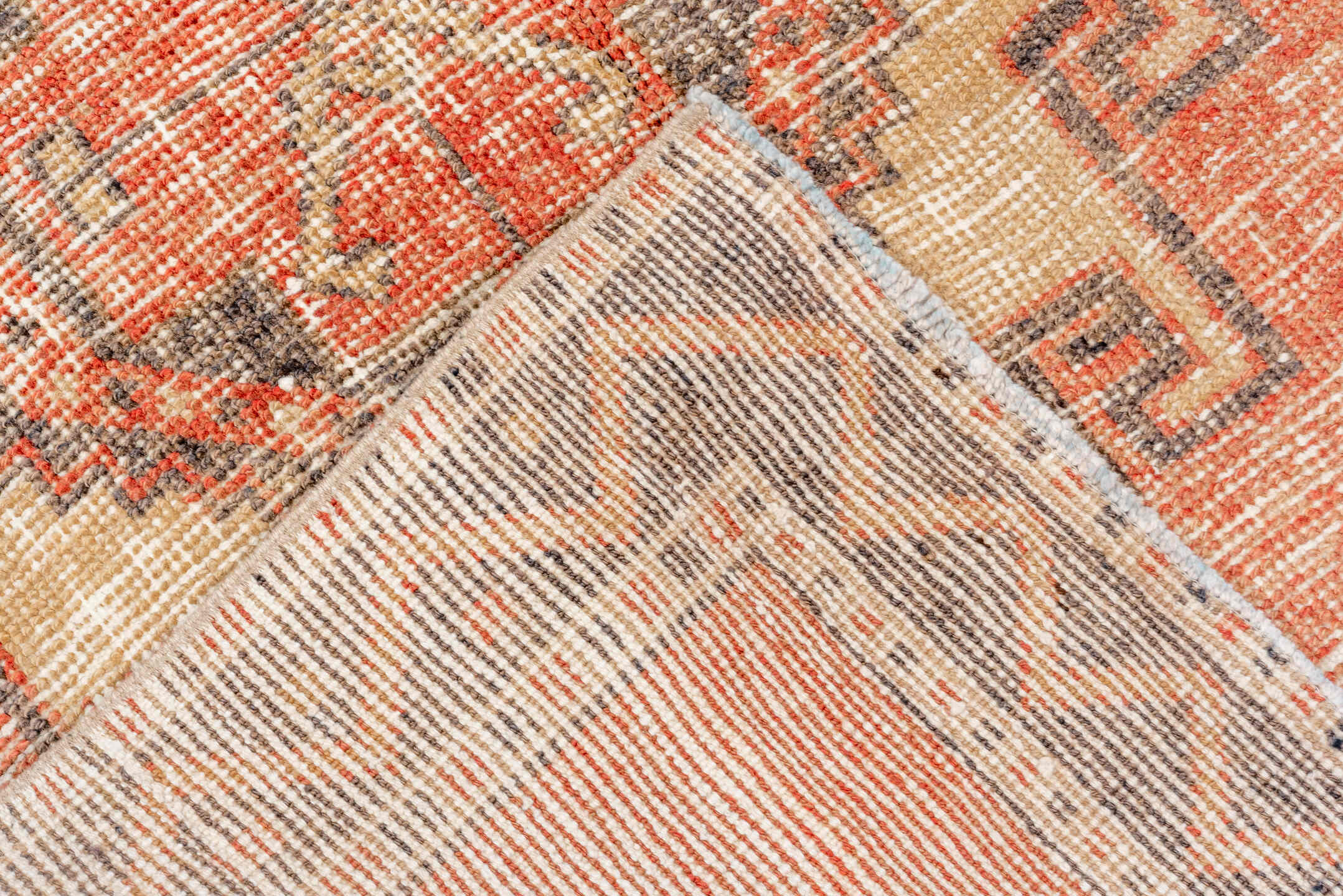 3' x 11' one-of-a-kind handmade vintage Oushak runner rug. Color palette: brown, gray, off-white, orange, pink, red