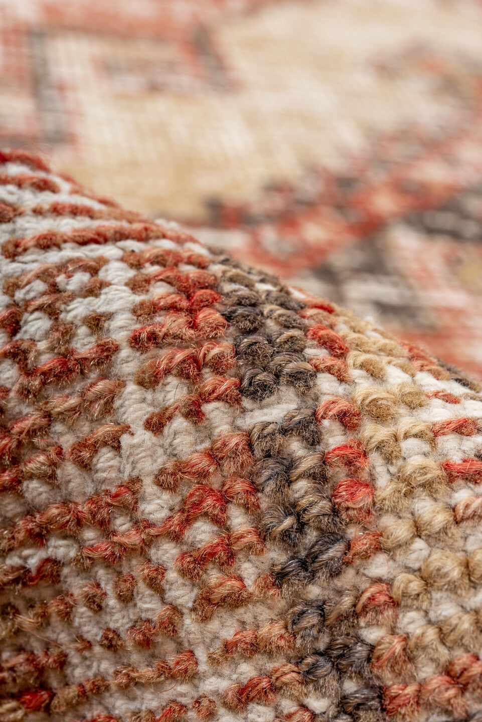 3' x 11' one-of-a-kind handmade vintage Oushak runner rug. Color palette: brown, gray, off-white, orange, pink, red