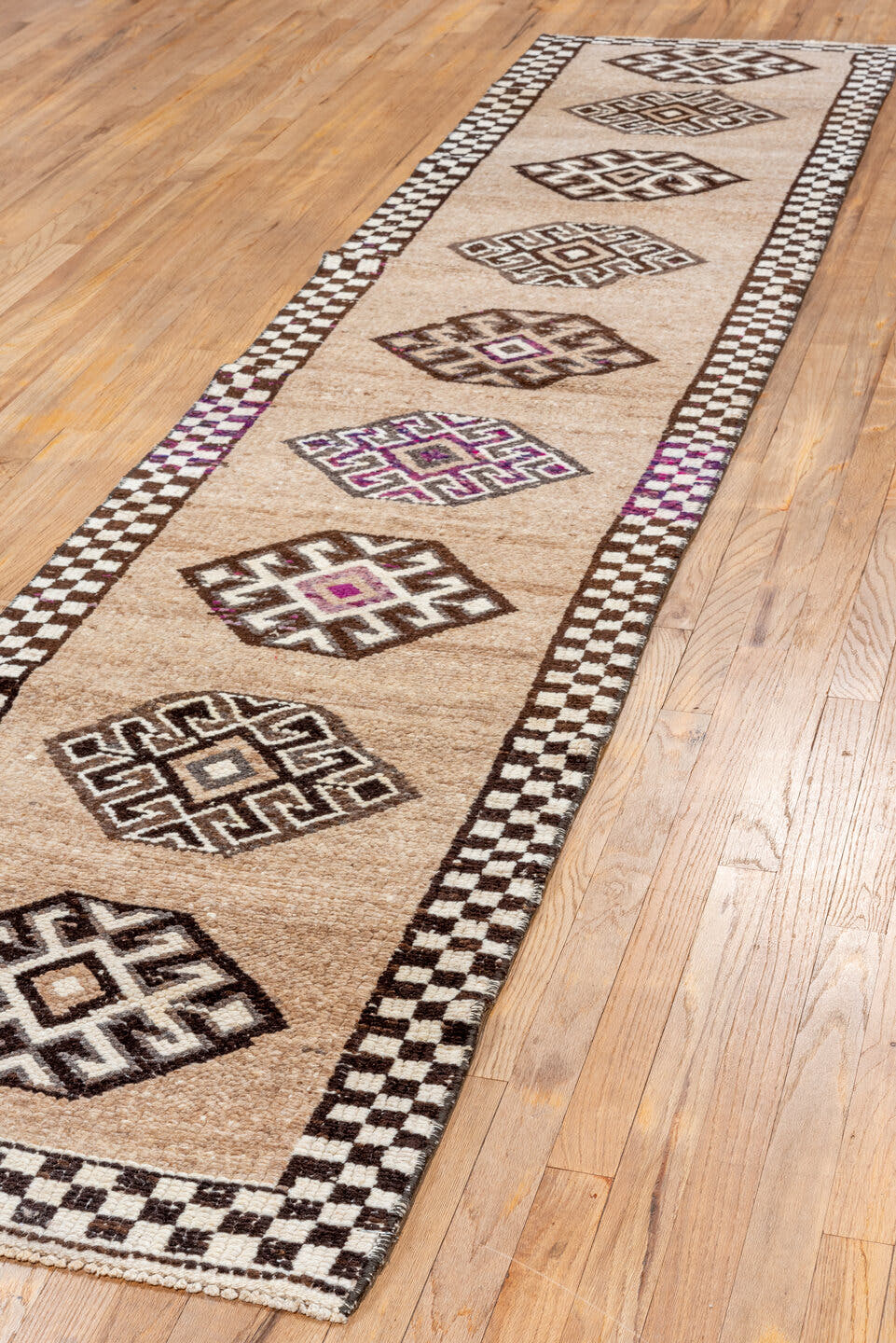 2' x 11' one-of-a-kind handmade vintage Kars runner rug. Color palette: camel, brown, ivory, taupe, violet, beige, gray
