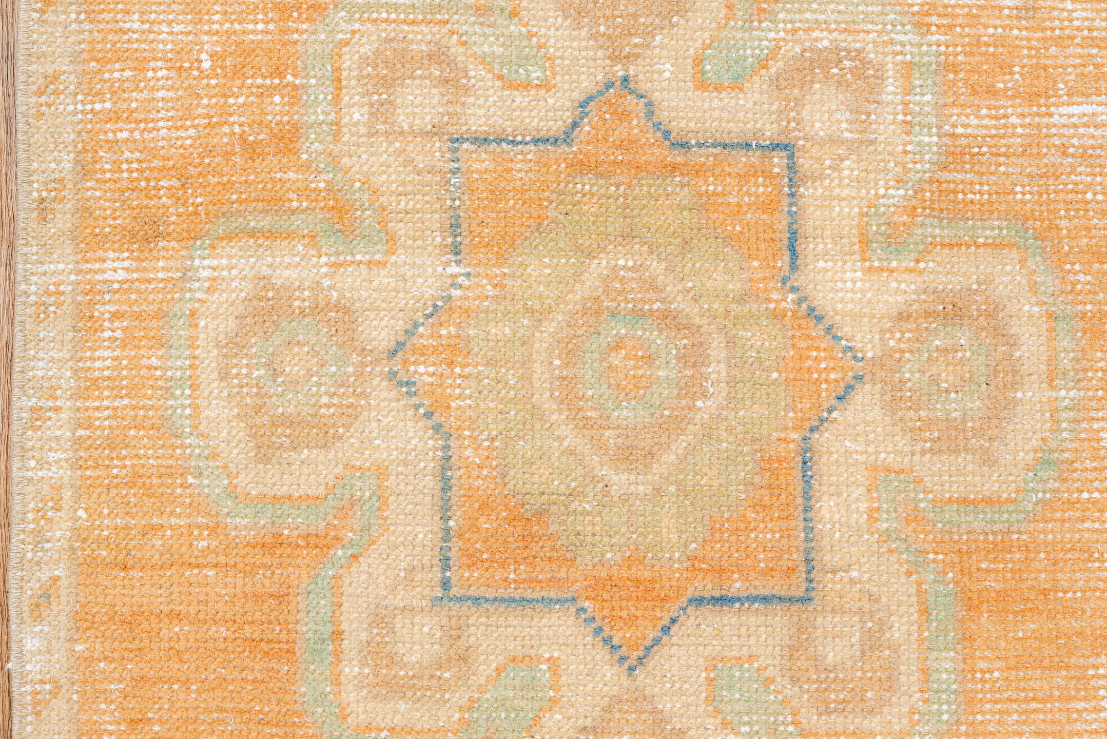 2' x 8' one-of-a-kind handmade vintage Oushak runner rug. Color palette: apricot, ivory, slate blue, beige, peach, taupe