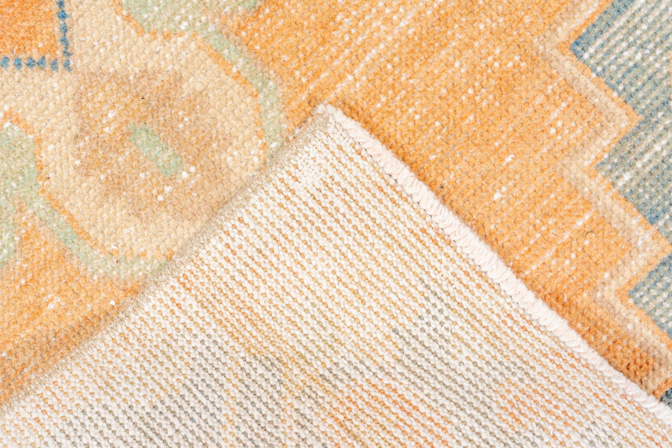 2' x 8' one-of-a-kind handmade vintage Oushak runner rug. Color palette: apricot, ivory, slate blue, beige, peach, taupe