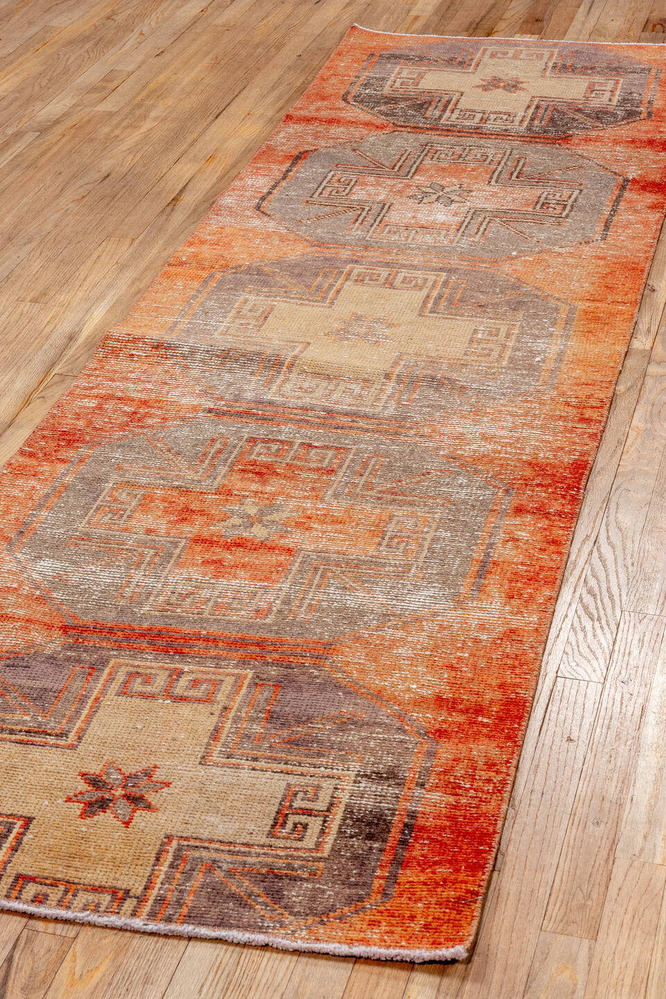 2' x 9' one-of-a-kind handmade vintage Oushak runner rug. Color palette: brown, off-white, orange, pink, red