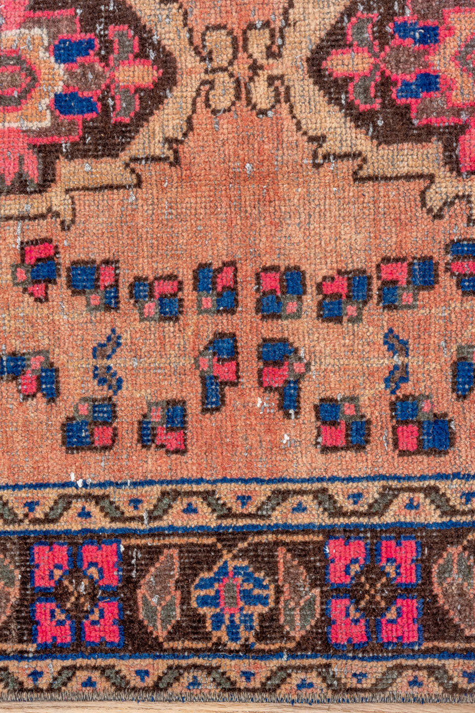 3' x 10' one-of-a-kind handmade vintage Oushak runner rug. Color palette: blush, brown, navy, pink, taupe, ivory, cobalt