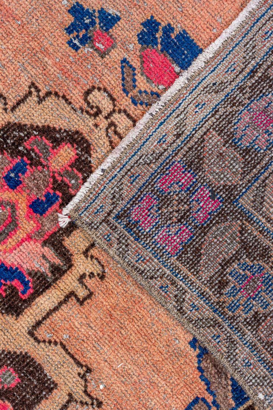 3' x 10' one-of-a-kind handmade vintage Oushak runner rug. Color palette: blush, brown, navy, pink, taupe, ivory, cobalt