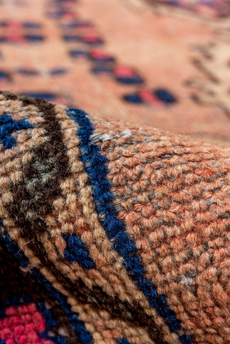 3' x 10' one-of-a-kind handmade vintage Oushak runner rug. Color palette: blush, brown, navy, pink, taupe, ivory, cobalt