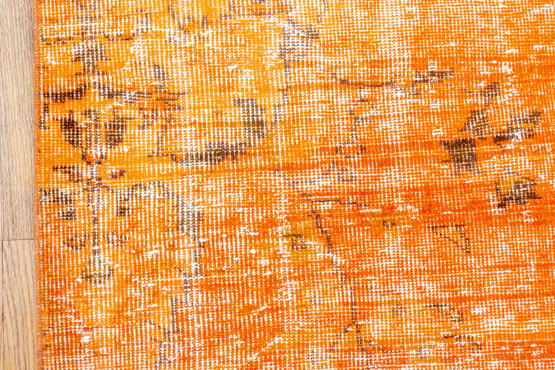 2' x 9' one-of-a-kind handmade vintage Overdyed runner rug. Color palette: orange, apricot, charcoal, ivory, terracotta