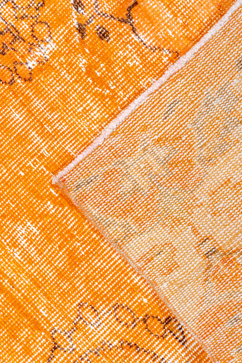2' x 9' one-of-a-kind handmade vintage Overdyed runner rug. Color palette: orange, apricot, charcoal, ivory, terracotta