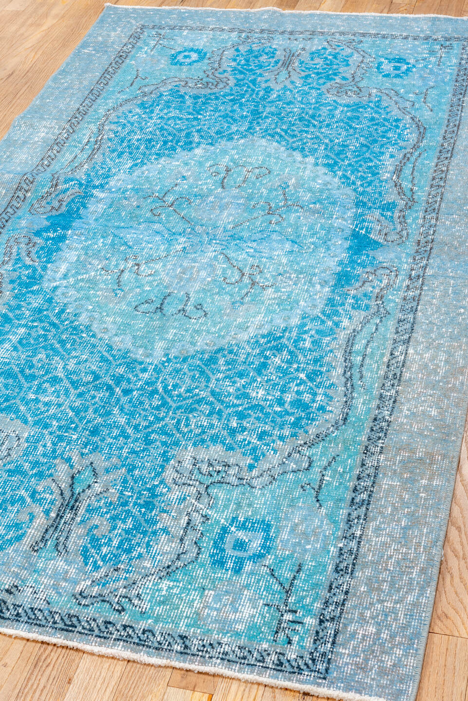 3' x 6' one-of-a-kind handmade vintage Overdyed small size rug. Color palette: aqua, sky_blue, ivory, charcoal, slate, teal