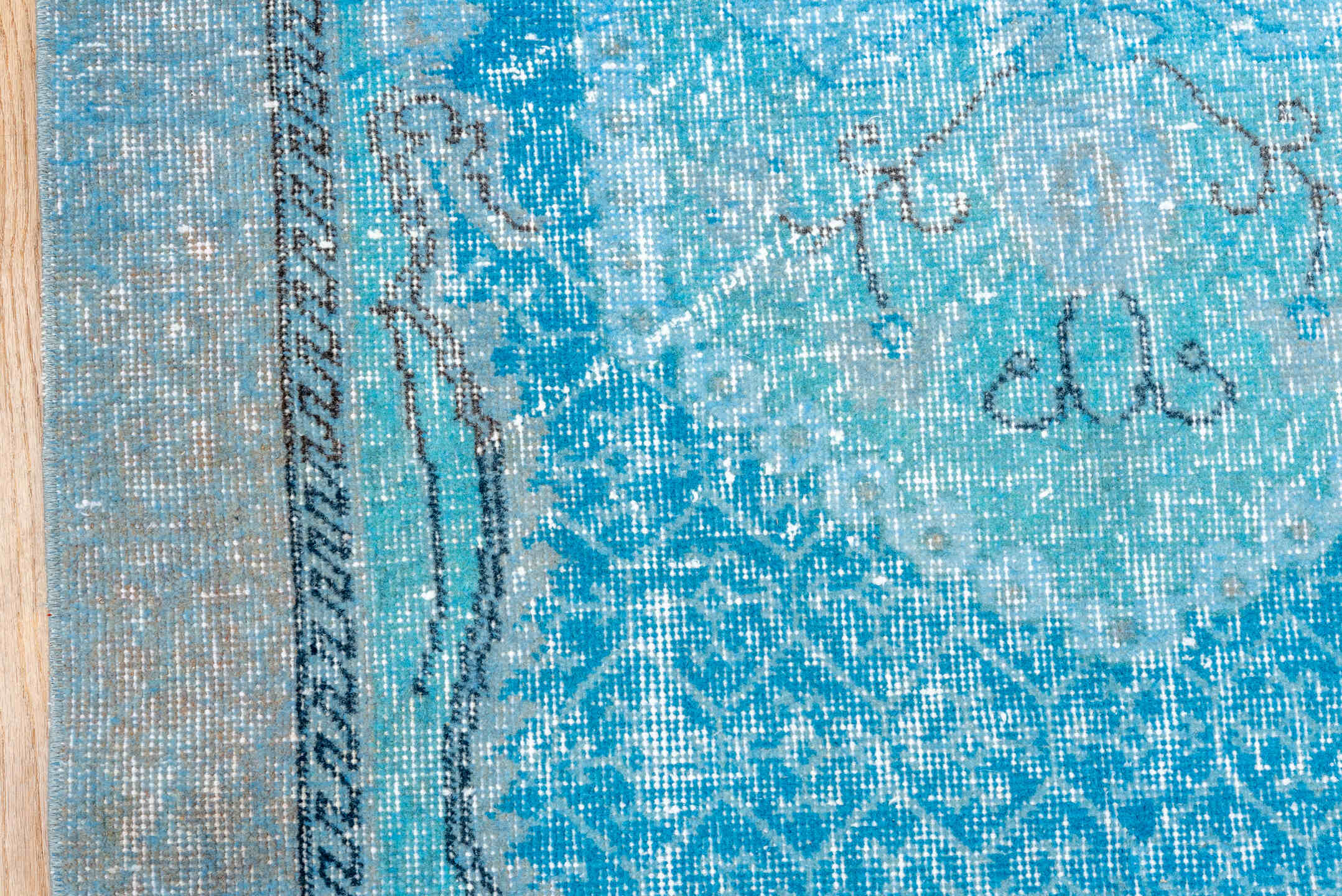 3' x 6' one-of-a-kind handmade vintage Overdyed small size rug. Color palette: aqua, sky_blue, ivory, charcoal, slate, teal