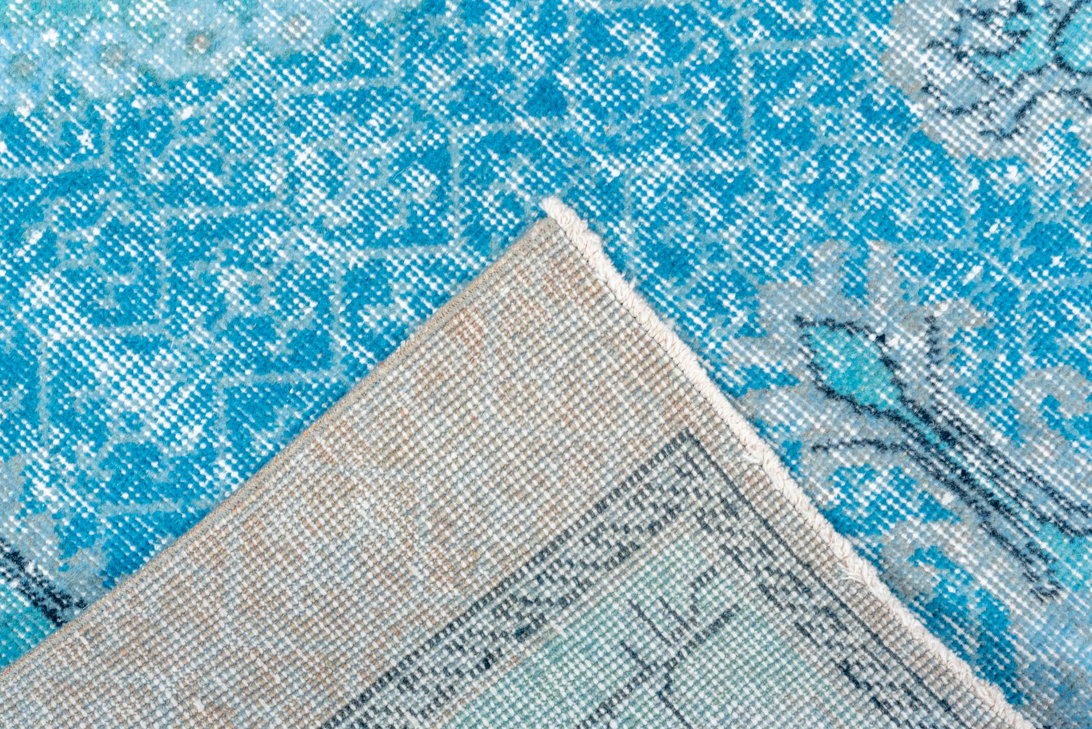 3' x 6' one-of-a-kind handmade vintage Overdyed small size rug. Color palette: aqua, sky_blue, ivory, charcoal, slate, teal