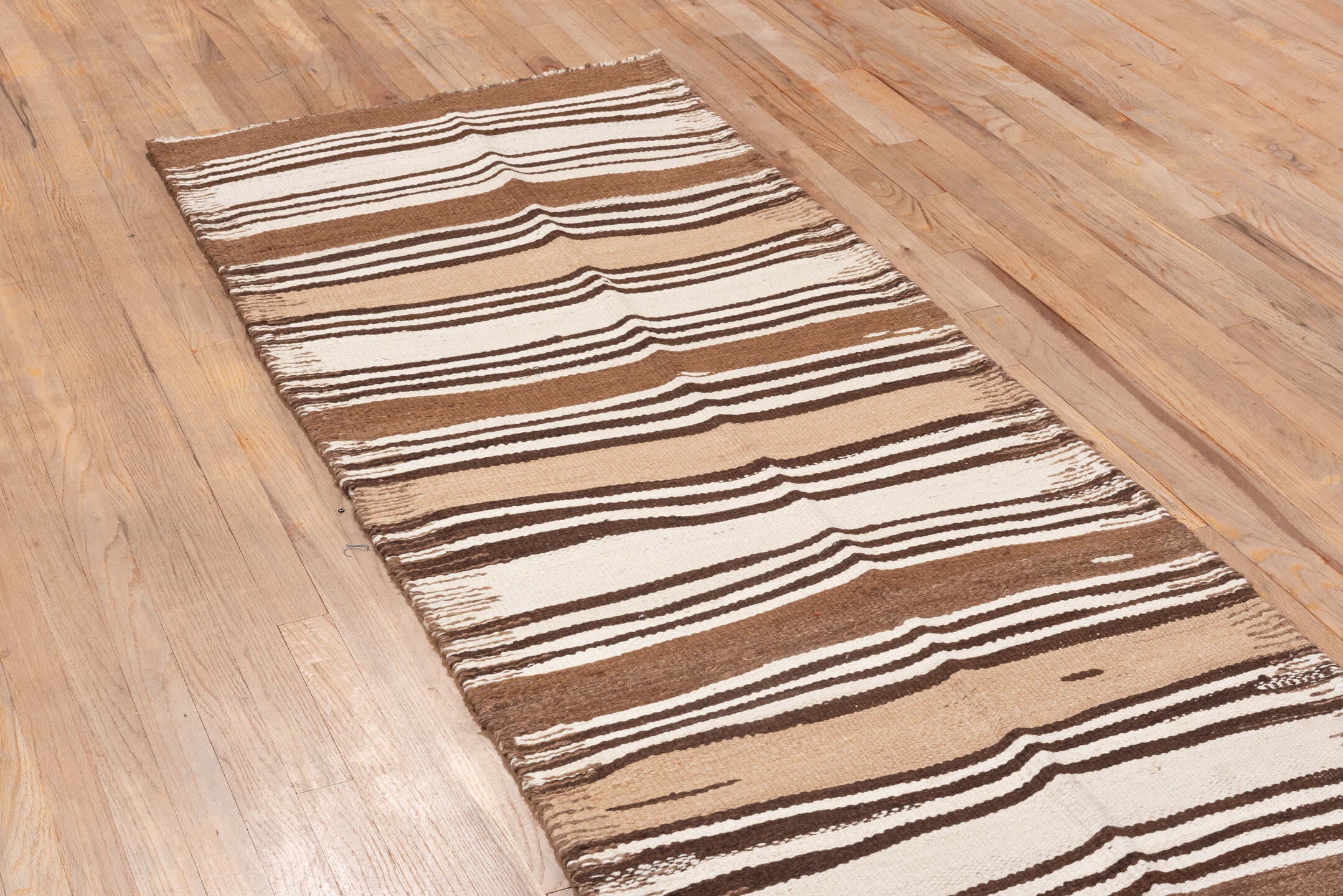 2' x 10' one-of-a-kind handmade vintage Kilim runner rug. Color palette: brown, ivory, camel, taupe, beige, gray