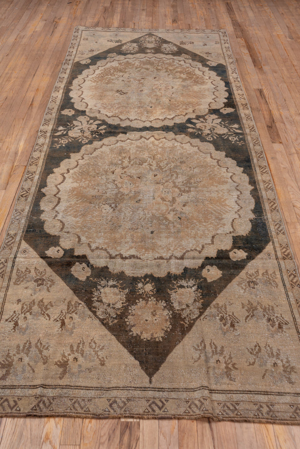 4' x 11' one-of-a-kind handmade vintage Karabagh runner rug. Color palette: taupe, ivory, charcoal, beige, brown, gray