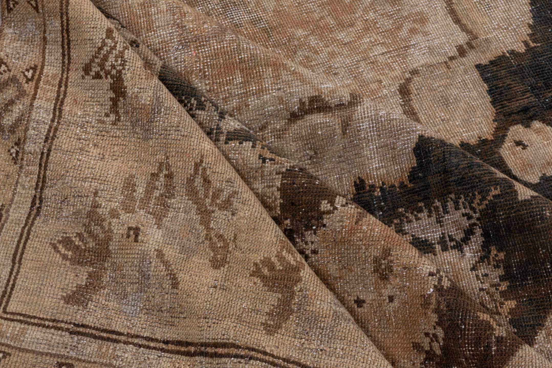 4' x 11' one-of-a-kind handmade vintage Karabagh runner rug. Color palette: taupe, ivory, charcoal, beige, brown, gray