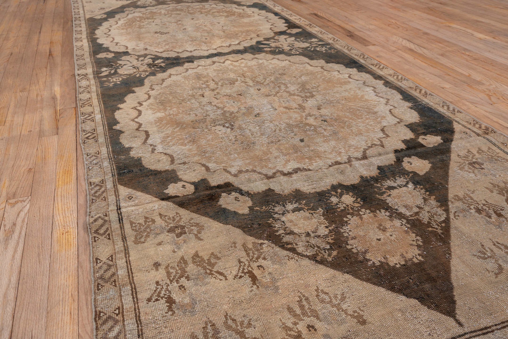 4' x 11' one-of-a-kind handmade vintage Karabagh runner rug. Color palette: taupe, ivory, charcoal, beige, brown, gray