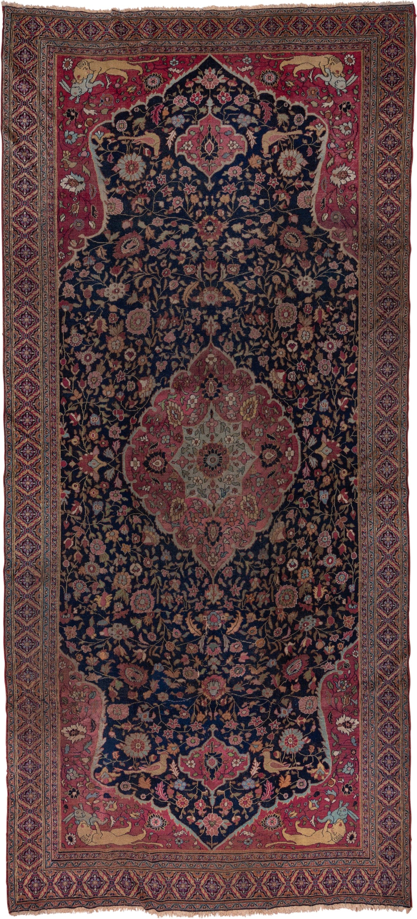 7' x 16' one-of-a-kind handmade vintage Khorassan rug. Color palette: navy, rose, ivory, rust, gold, camel, burgundy, slate