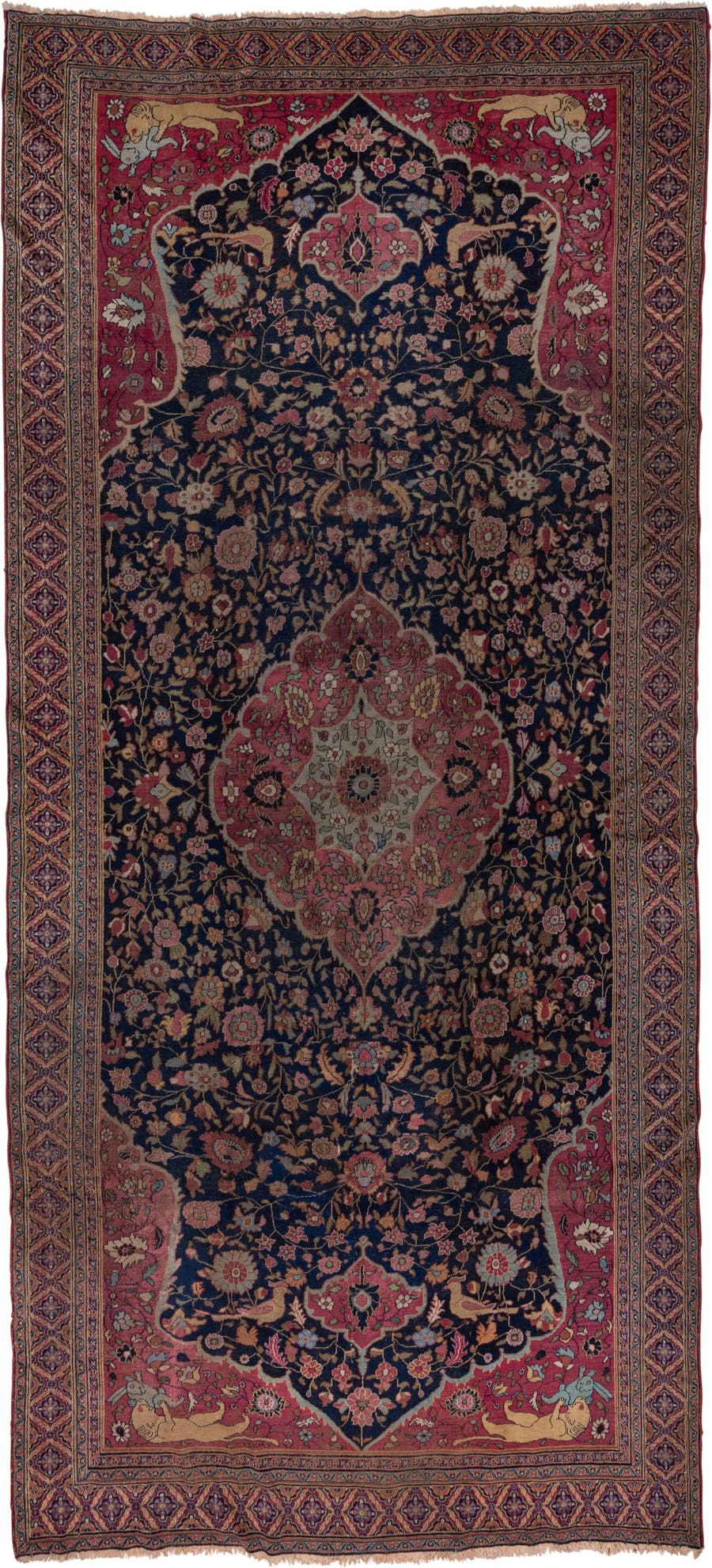 7' x 16' one-of-a-kind handmade vintage Khorassan rug. Color palette: navy, rose, ivory, rust, gold, camel, burgundy, slate