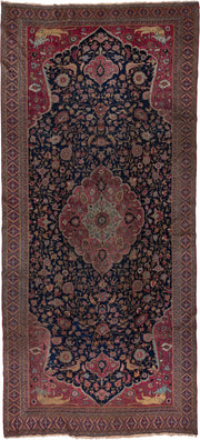 7' x 16' one-of-a-kind handmade vintage Khorassan rug. Color palette: navy, rose, ivory, rust, gold, camel, burgundy, slate