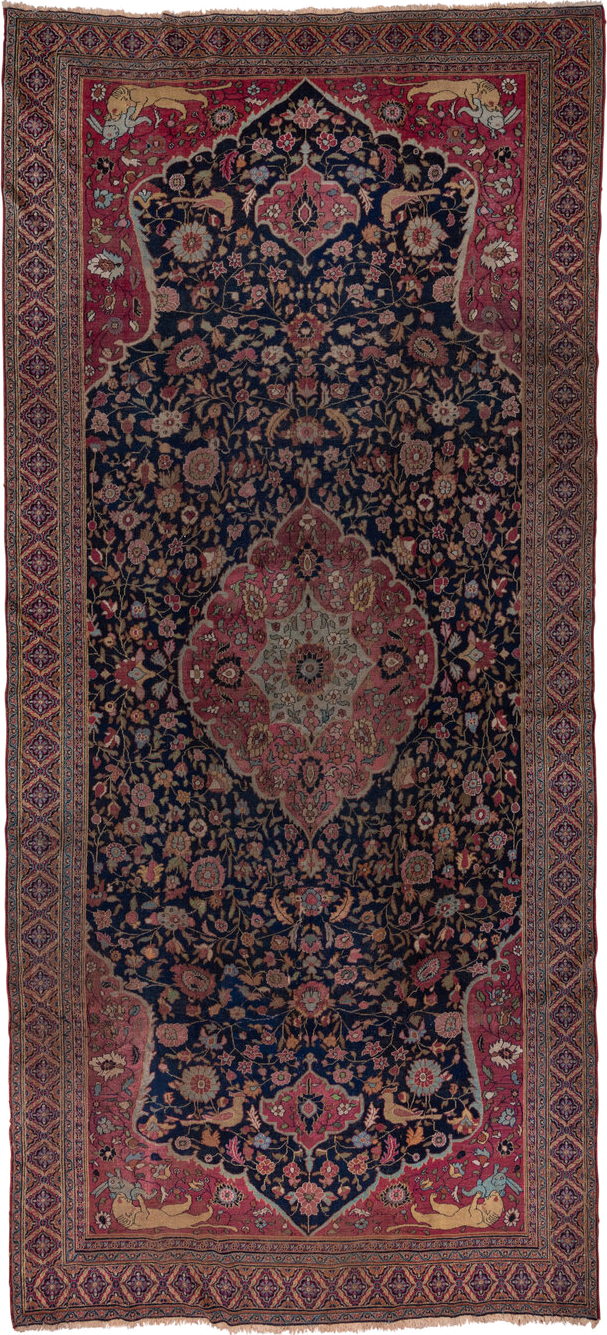 7' x 16' one-of-a-kind handmade vintage Khorassan rug. Color palette: navy, rose, ivory, rust, gold, camel, burgundy, slate