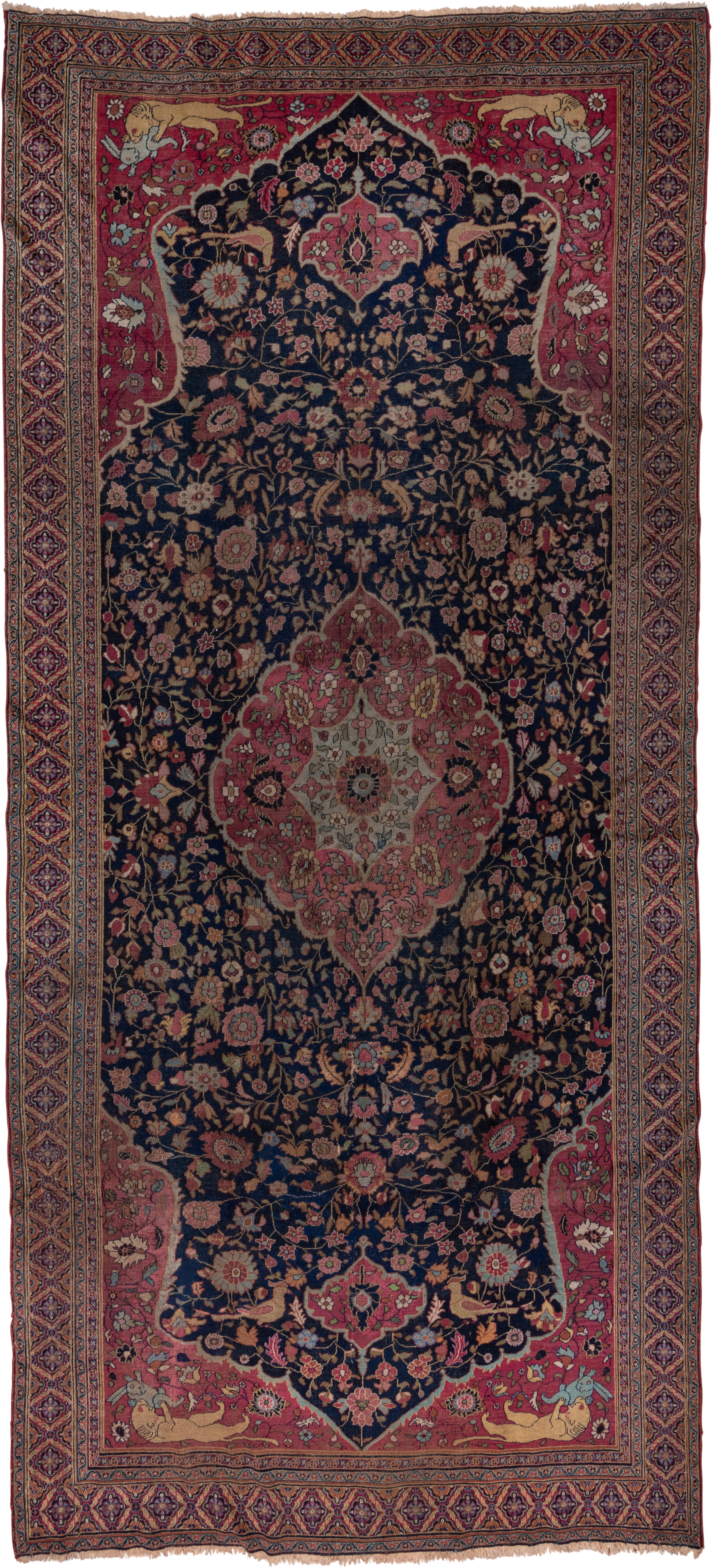 7' x 16' one-of-a-kind handmade vintage Khorassan rug. Color palette: navy, rose, ivory, rust, gold, camel, burgundy, slate