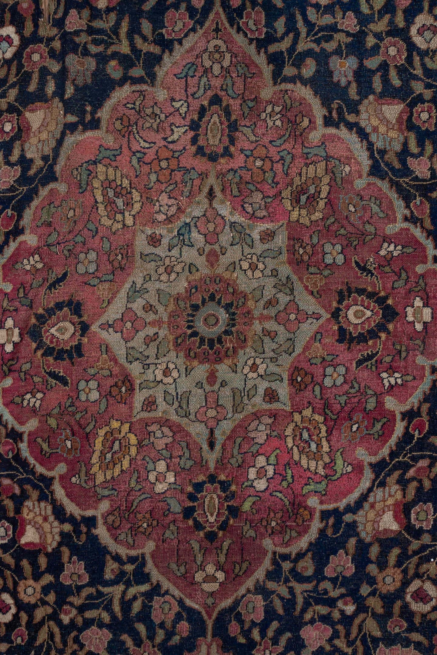7' x 16' one-of-a-kind handmade vintage Khorassan rug. Color palette: navy, rose, ivory, rust, gold, camel, burgundy, slate