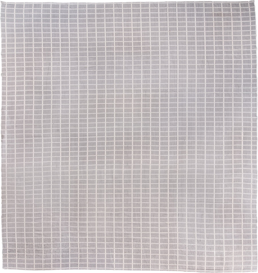 13' x 15' one-of-a-kind handmade vintage Kilim oversize rug. Color palette: ivory, pale gray, taupe, light gray, beige, gray