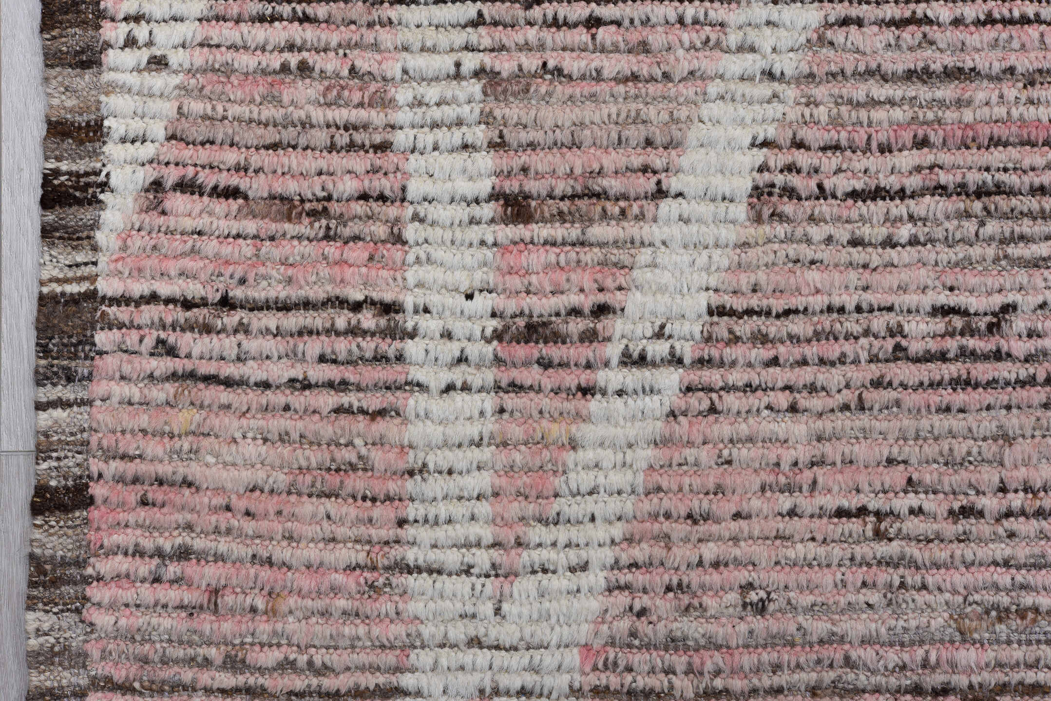9' x 12' one-of-a-kind handmade vintage Tulu large size rug. Color palette: blush, ivory, taupe, rose, brown, pink, beige