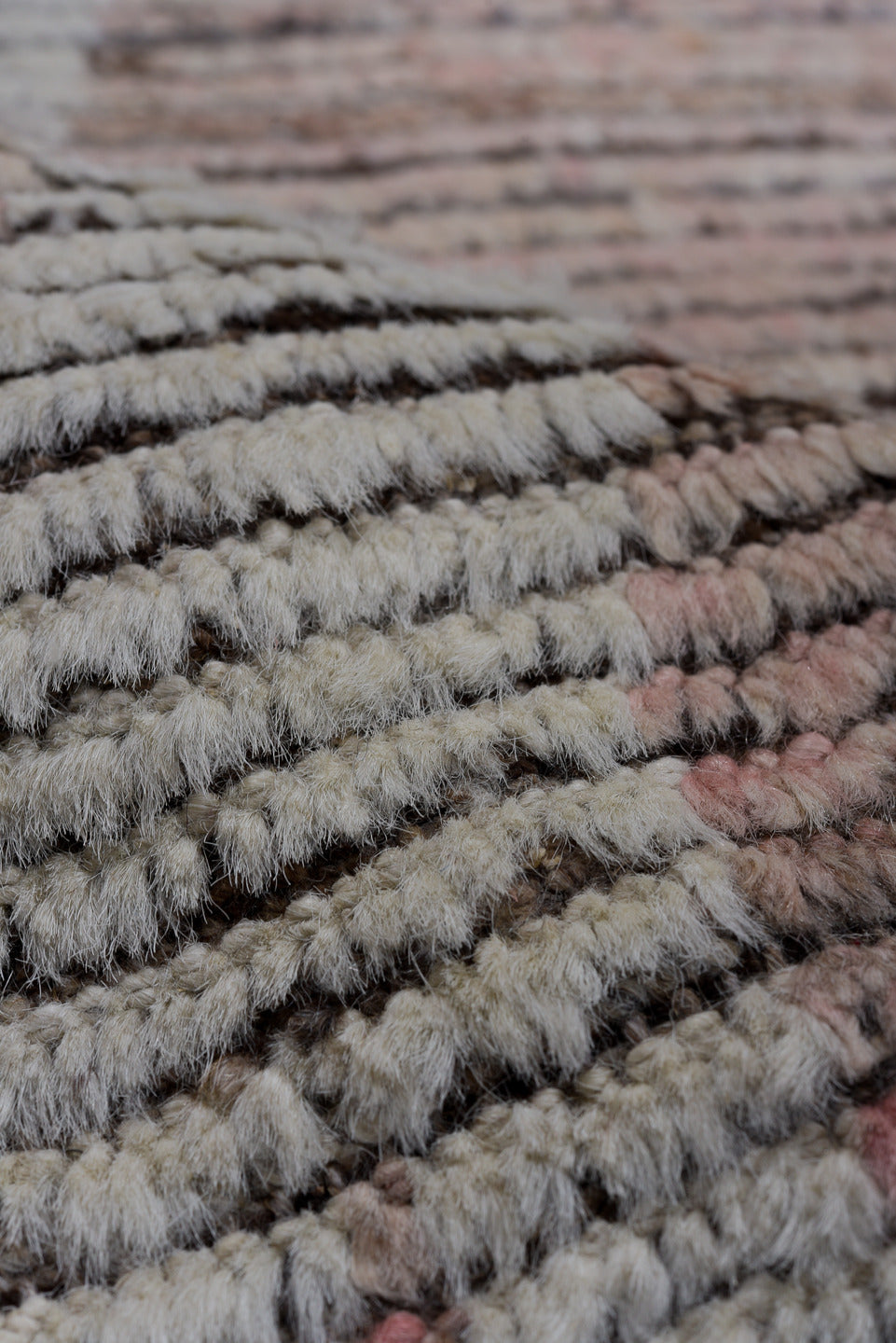 9' x 12' one-of-a-kind handmade vintage Tulu large size rug. Color palette: blush, ivory, taupe, rose, brown, pink, beige